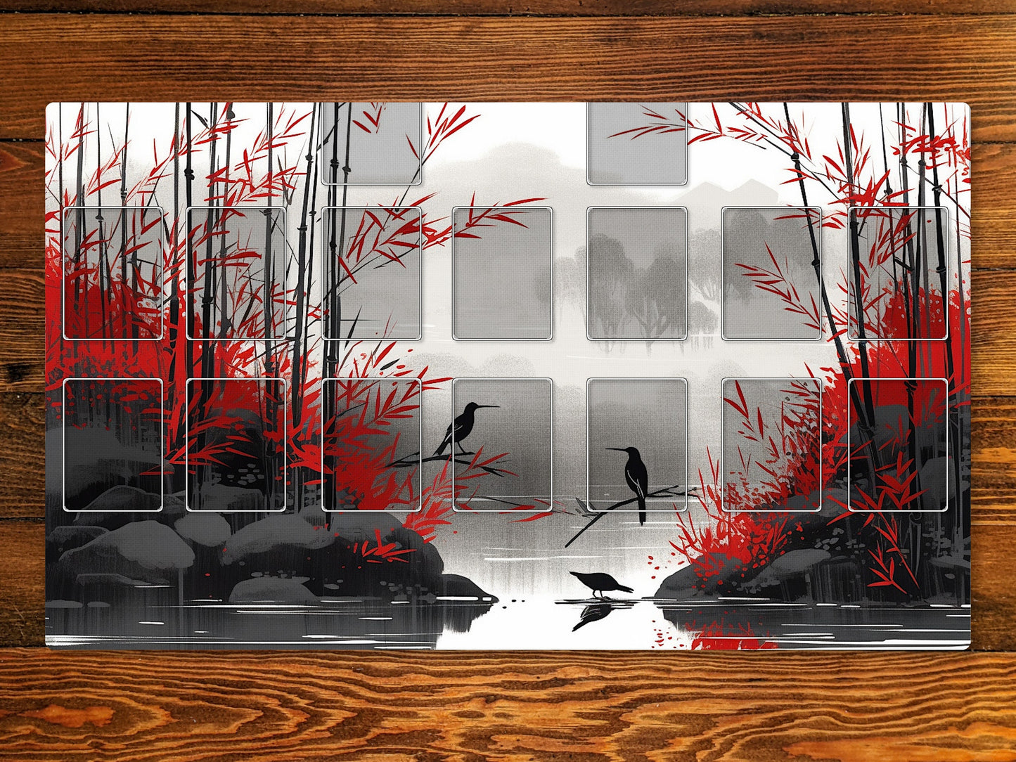 Bamboo Lake 14" X 24" Playmat With Magic Zone Layout For Edh And Commander and other TCG games