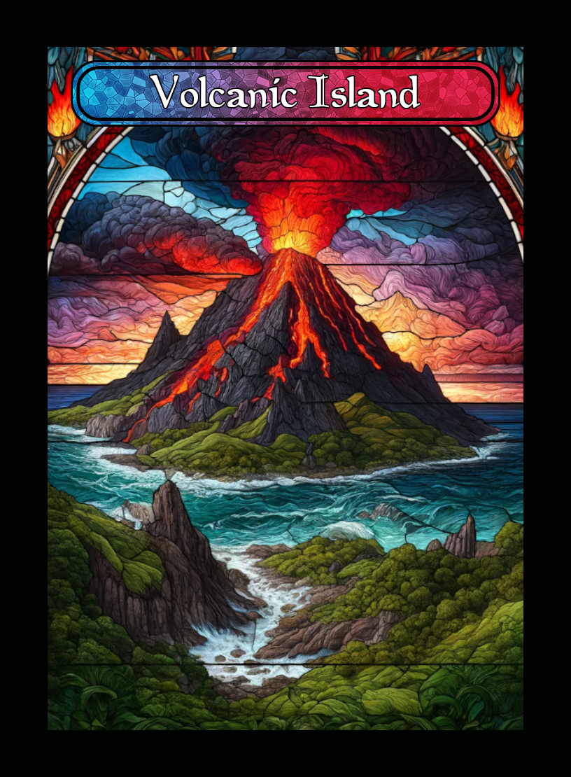 Volcanic Island token - custom Stained Glass art design for tabletop gaming
