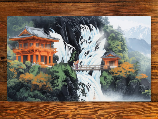 Shiragumo Waterfall of Nikko 14" X 24" Playmat With Option For Magic Zone Layout For Edh, and other ccg games