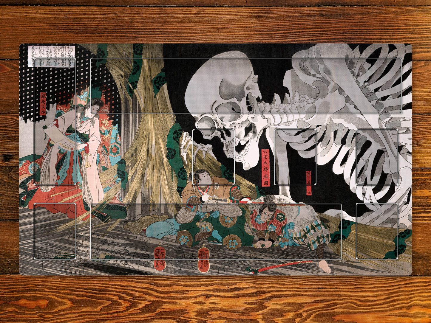Mitsukuni Defying The Skeleton Specter 14" X 24" Playmat With Option For Magic Zone Layout For Edh, and other ccg games