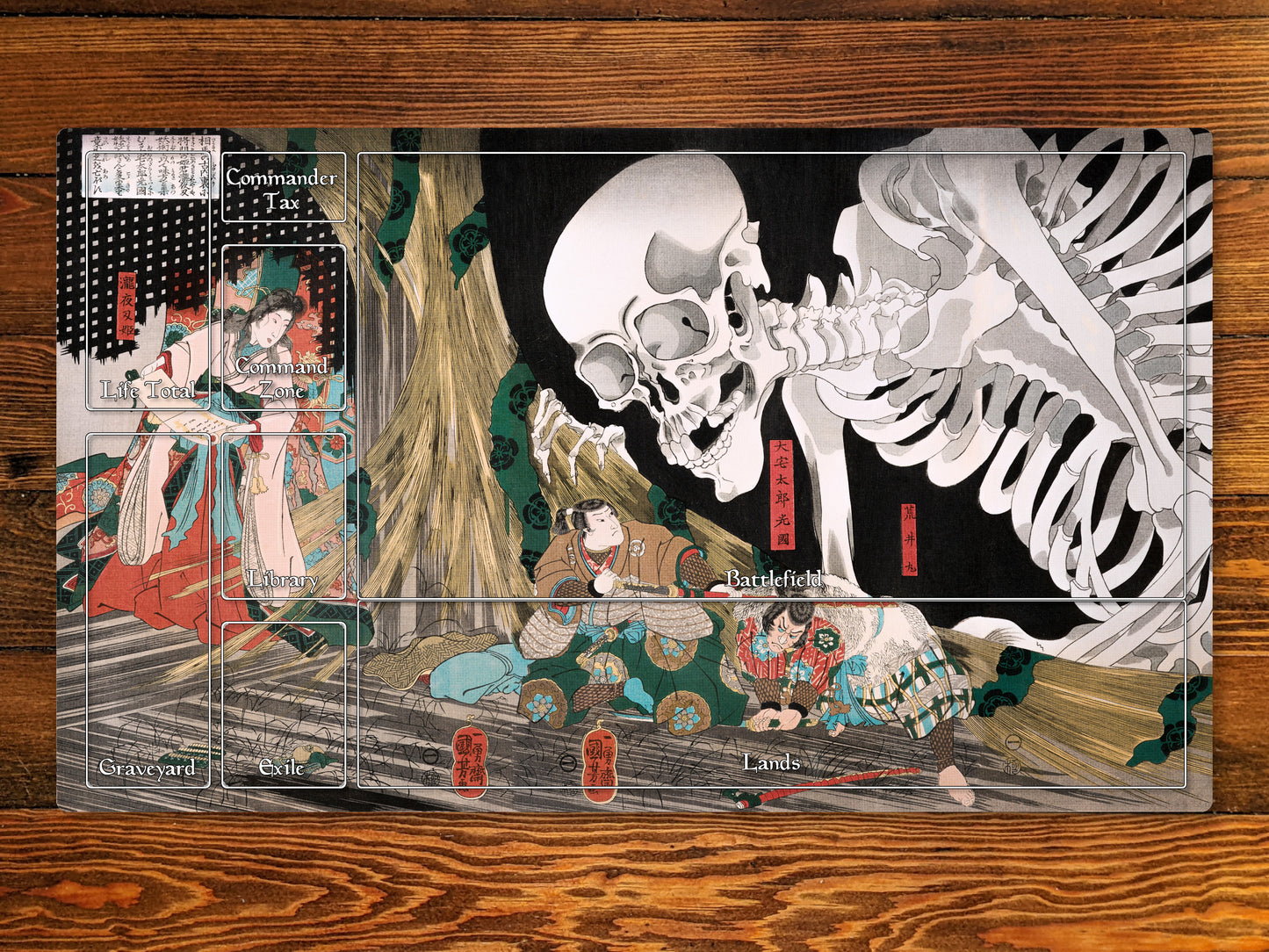 Mitsukuni Defying The Skeleton Specter 14" X 24" Playmat With Option For Magic Zone Layout For Edh, and other ccg games