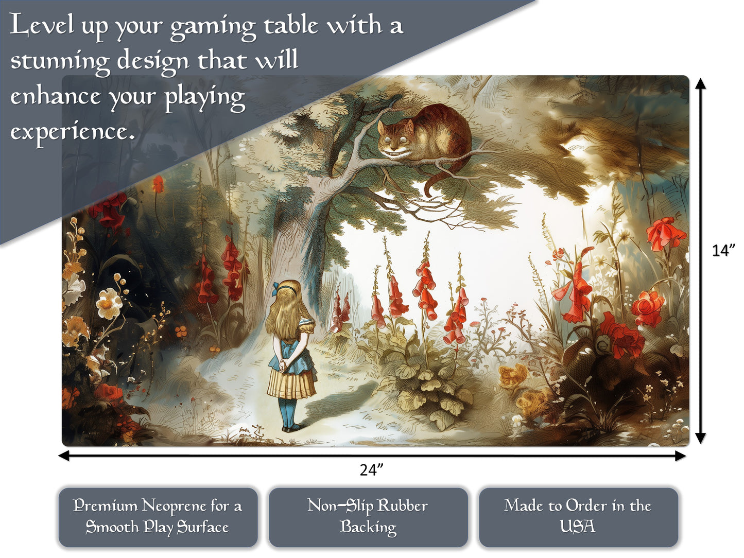 Alice in Wonderland Playmat Cheshire Cat Playmat 14" X 24" Playmat MTG Playmat With Option For Magic Zone Layout For Edh and other ccg games