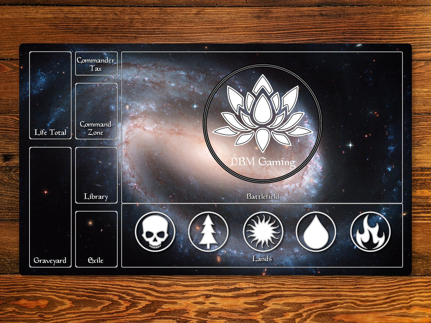 Magic Zone Layout 14" X 24" Playmat For Edh And Commander With Barred Spiral Galaxy Ngc 1300 Background