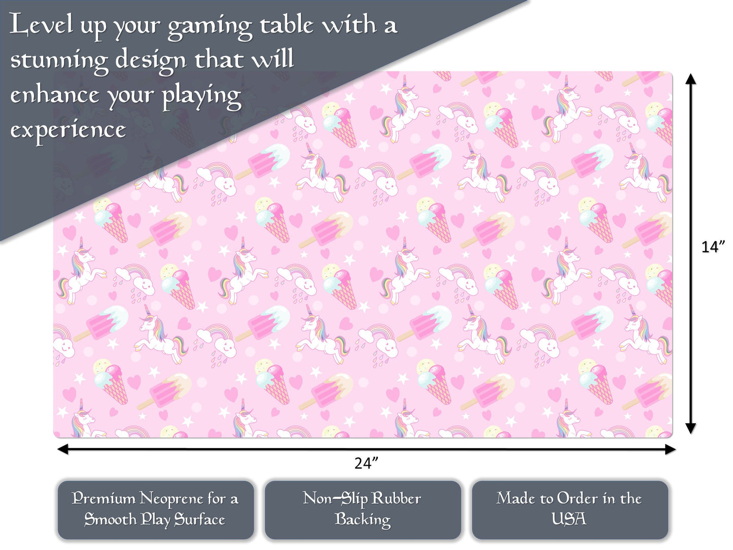 Unicorns And Ice Cream 14" X 24" Playmat With Option For Magic Zone Layout For Edh And Commander