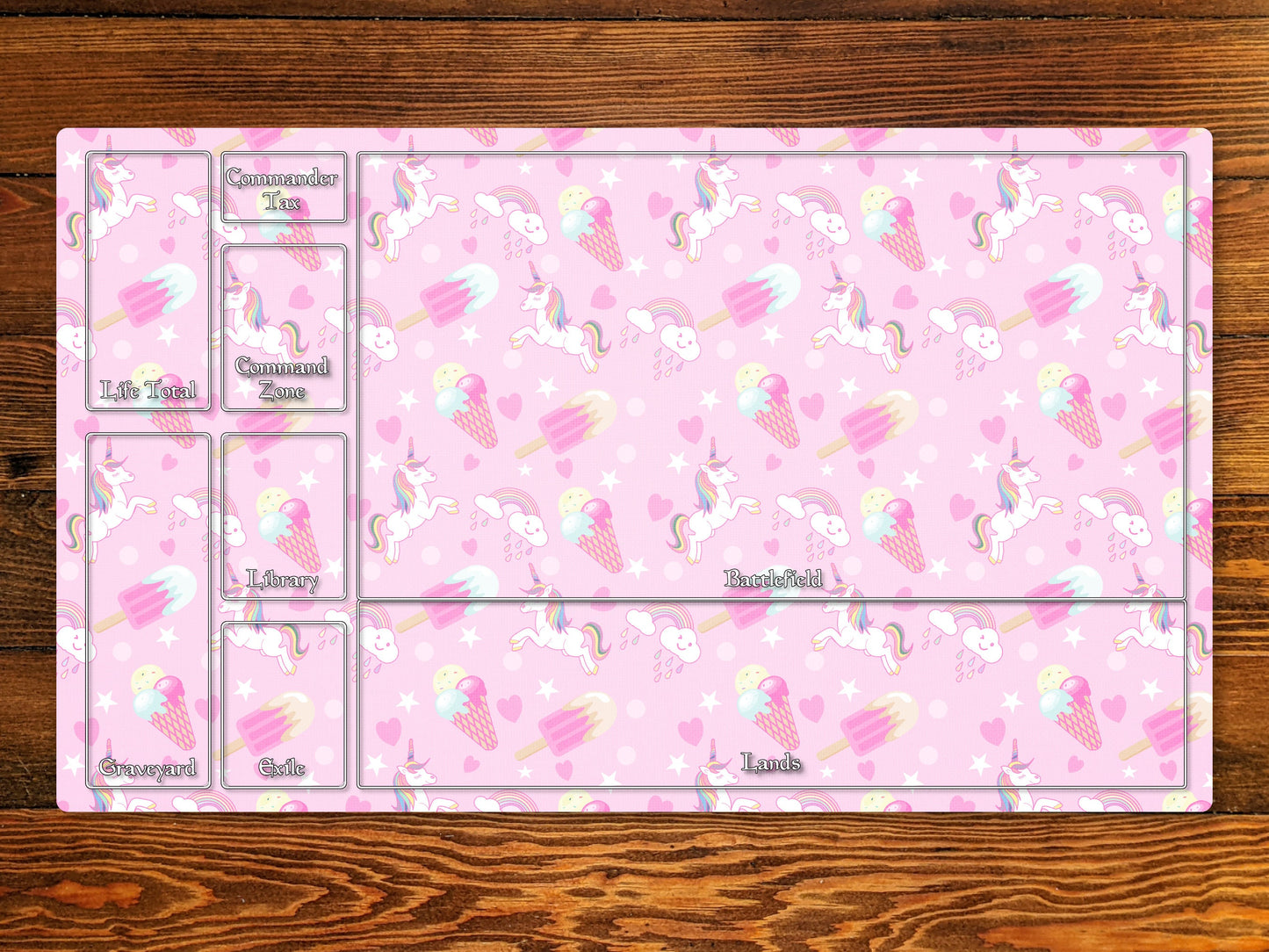 Unicorns And Ice Cream 14" X 24" Playmat With Option For Magic Zone Layout For Edh And Commander