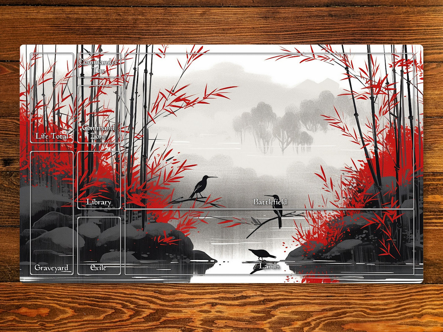 Bamboo Lake 14" X 24" Playmat With Magic Zone Layout For Edh And Commander and other TCG games