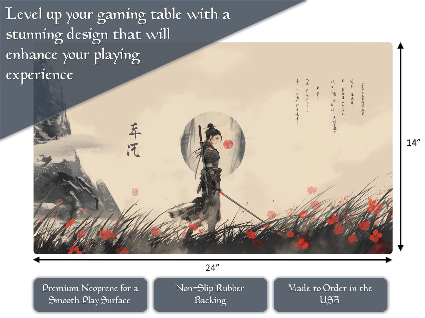 Japanese Warrior Japanese Samurai Warrior 14" X 24" Playmat For Card, Ccg, And Tabletop Games, Magic Edh Zone Layout Option For Commander