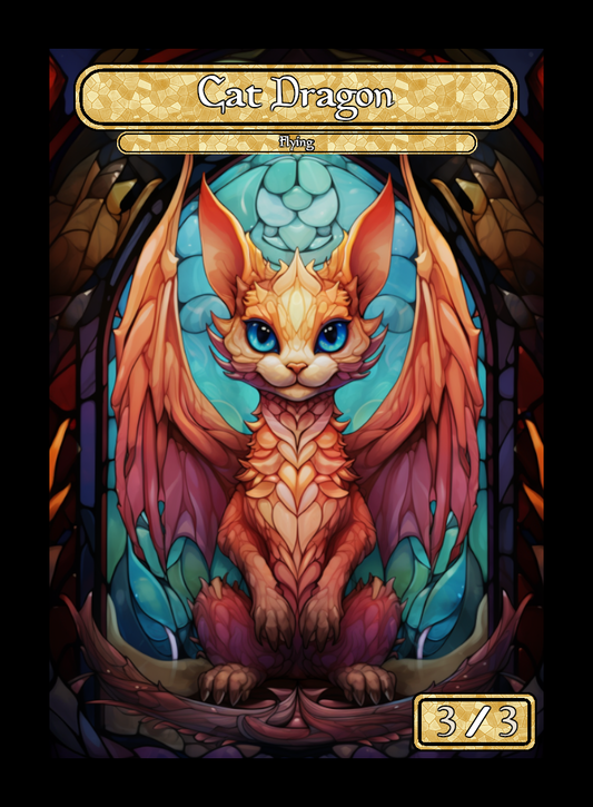 Cat Dragon token - custom Stained Glass art design for tabletop gaming